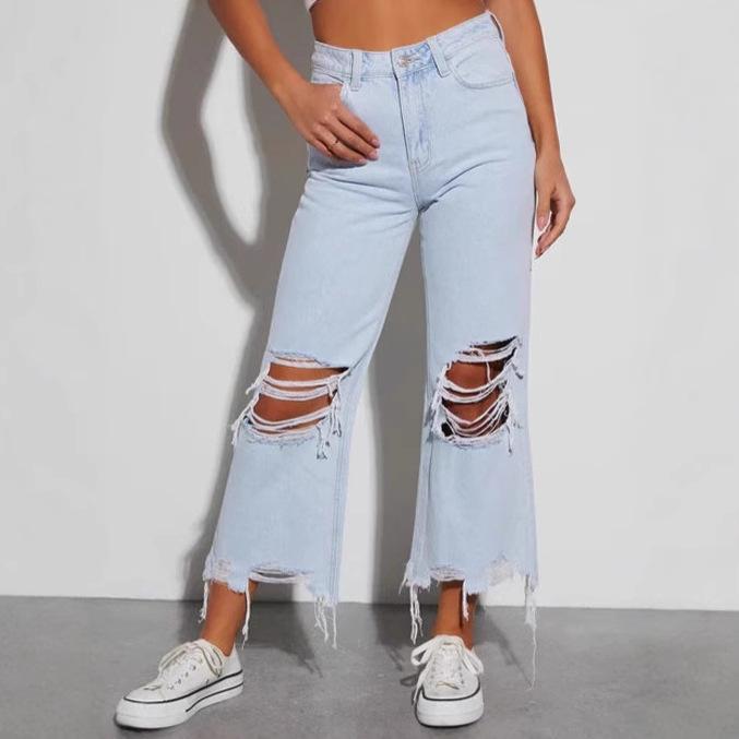 Spot women s clothing 2026 new European and American retro wide-leg pants loose straight jeans ripped trousers women S