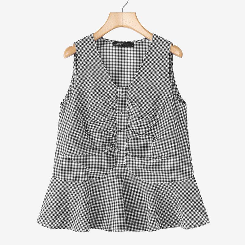 ZANZEA Women Casual V-Neck Summer Plaid Print Tank Tops