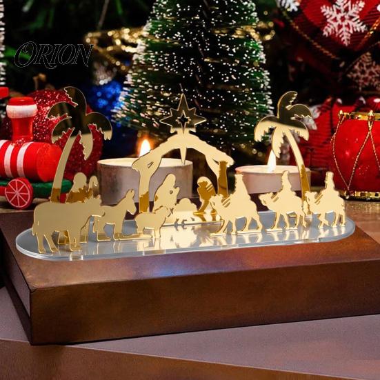 Seasonal Home Decor Christmas Acrylic Ornament, Mirrored Golden Silhouette Scene, Decorative Scene Decoration Desktop Display for Holiday Living Room