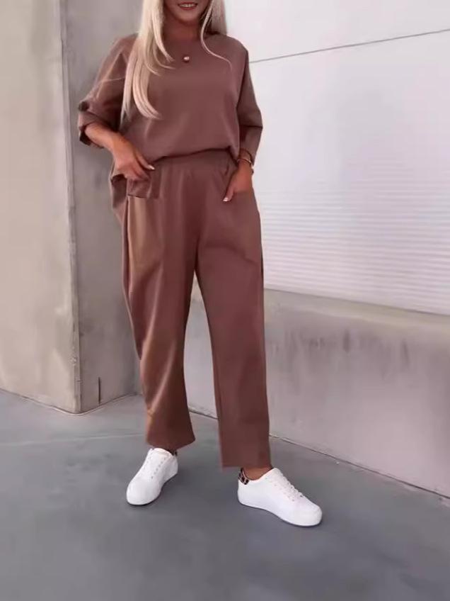 2024 European & American Women's Loose Casual Two-Piece Set: Solid Color Crew Neck Top & Nine-Point Pants for Autumn