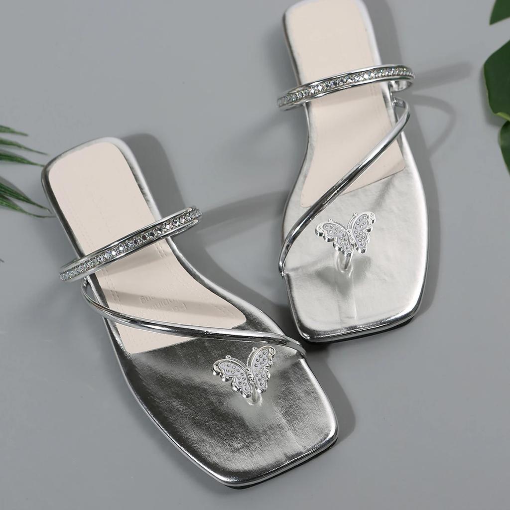 Pantofi pentru Femei 2025 Nou Vară Modă Outdoor Versatil Sandale pentru Femei Stras Fundă Papion Decupat Vârf Papuci de Femei