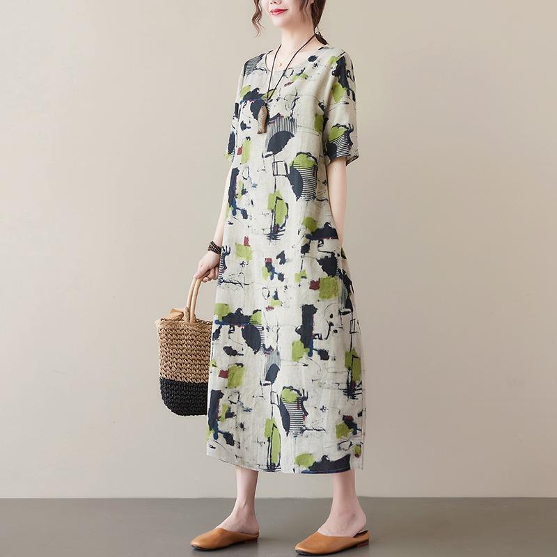 2025 Summer Short Sleeve Loose Printed Women Dress Fashion Casual Simple Elegant A-line Party Dress Female O Neck Office Ladies Clothing