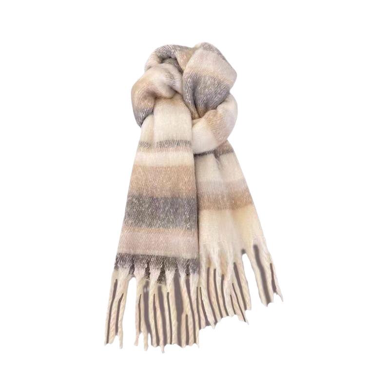Korean gradual change striped scarf women's winter thickened imitation cashmere shawl dual-purpose warm atmosphere fringed scarf