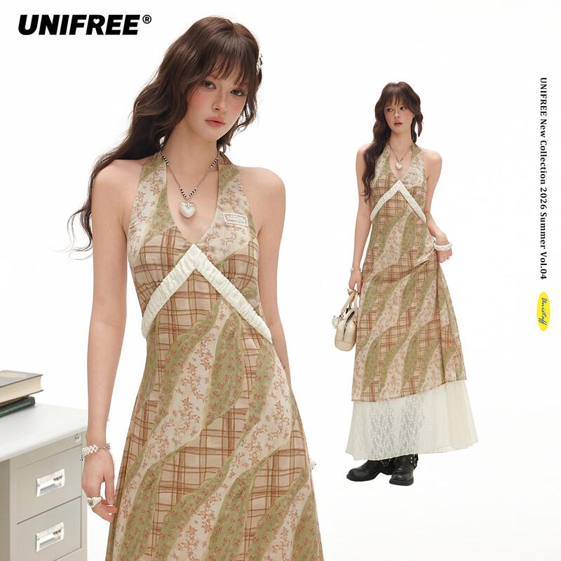 UNIFREE Boho Floral Lace Halter A-Line Dress M