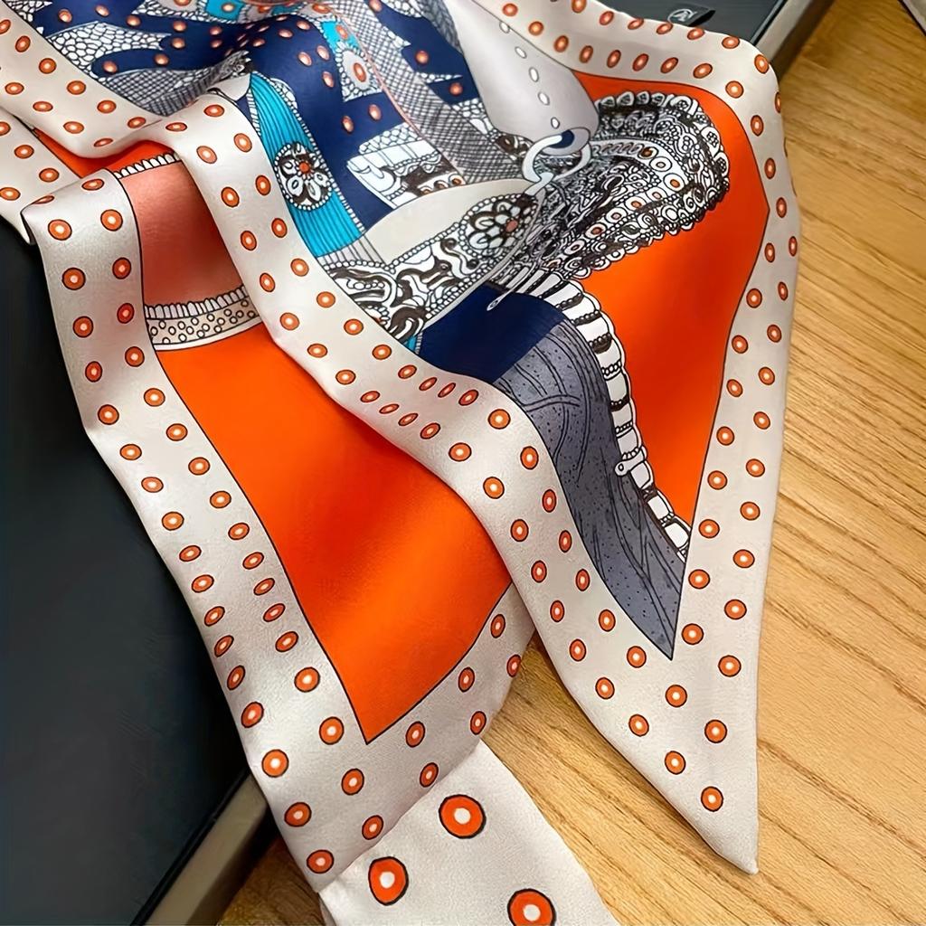 Boho Chic Orange Floral Print Skinny Neckerchief Scarf For Women Satin Silk Ribbons Bandana Neck Tie Wrist Wrap Shawl Echarpe