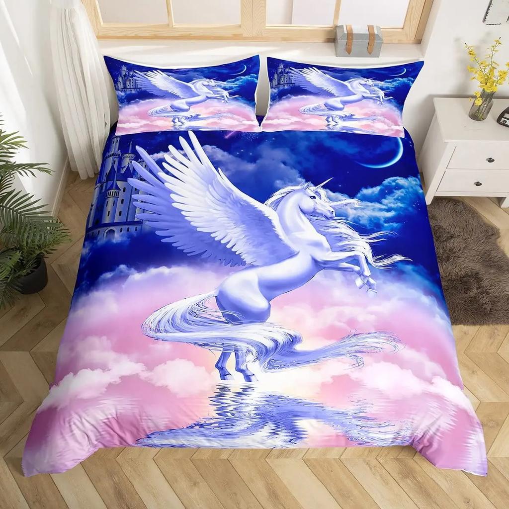 Unicorn Duvet Cover Twin King Cartoon Castle Comforter Cover Dreamy Magical Animal Bedding Set Rainbow Stars Bedspreads Cover