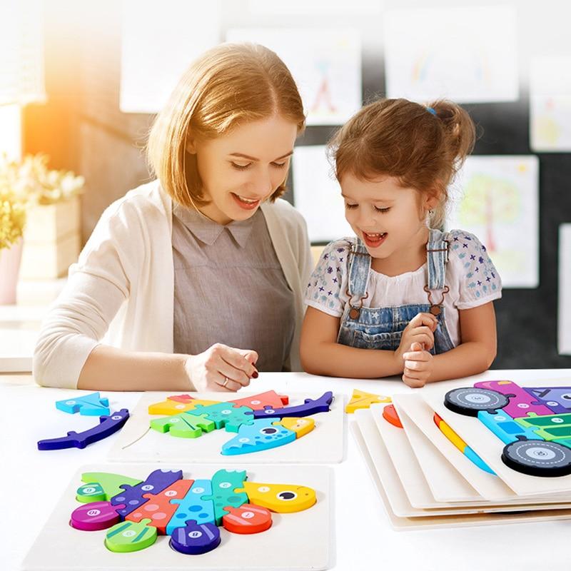 3D Puzzles Dinosaur Animal Vehicle Wood Jigsaw Puzzle Game Kids Learning Montessori Educational Toys Baby Wooden Toys