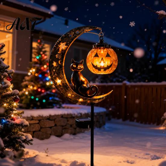 Jack-o-lantern Solar Lights Halloween Garden Stake Light, Soft Warm Jack-o-Lantern, Moon Cat Amber Silhouette Outdoor Pathway Decor, Waterproof Metal