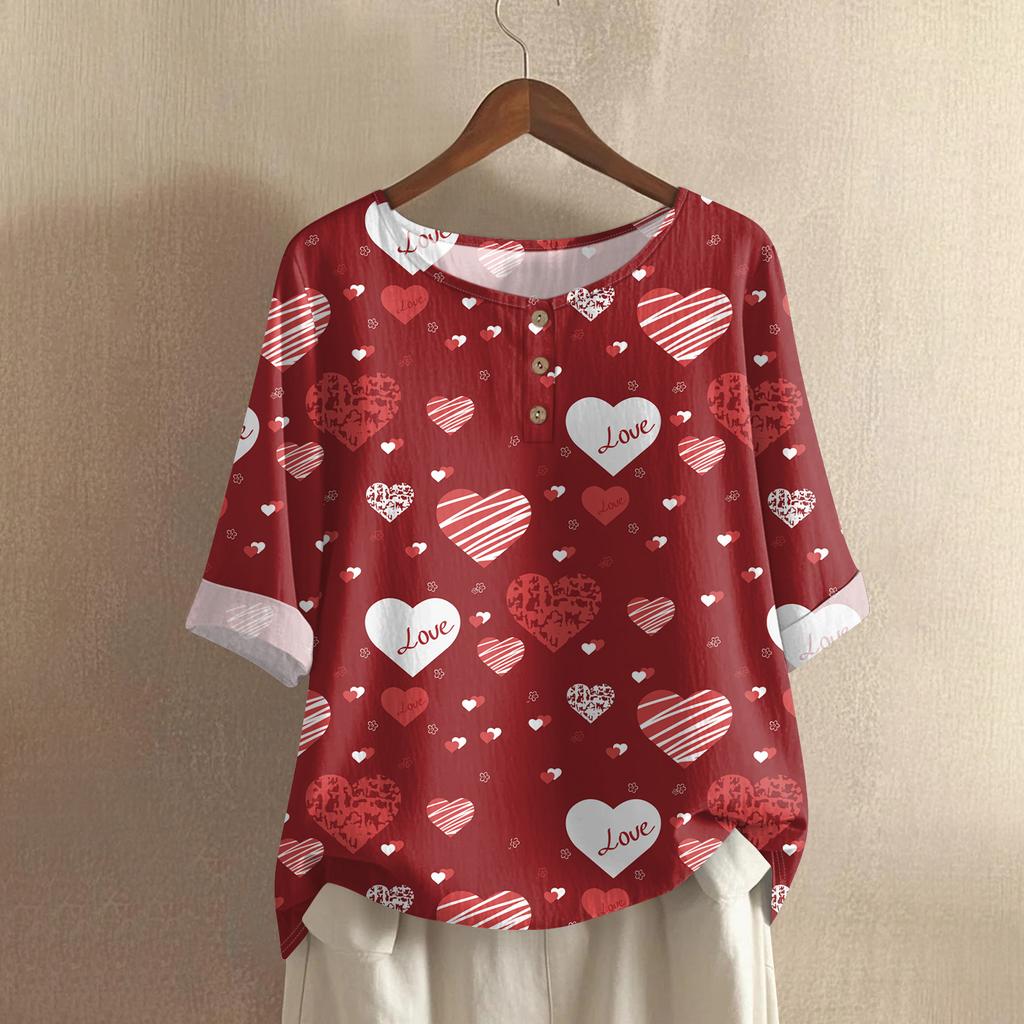 Damska casualowa bluzka z bawełny i lnu, z krótkim rękawem, okrągłym dekoltem i nadrukiem walentynkowym