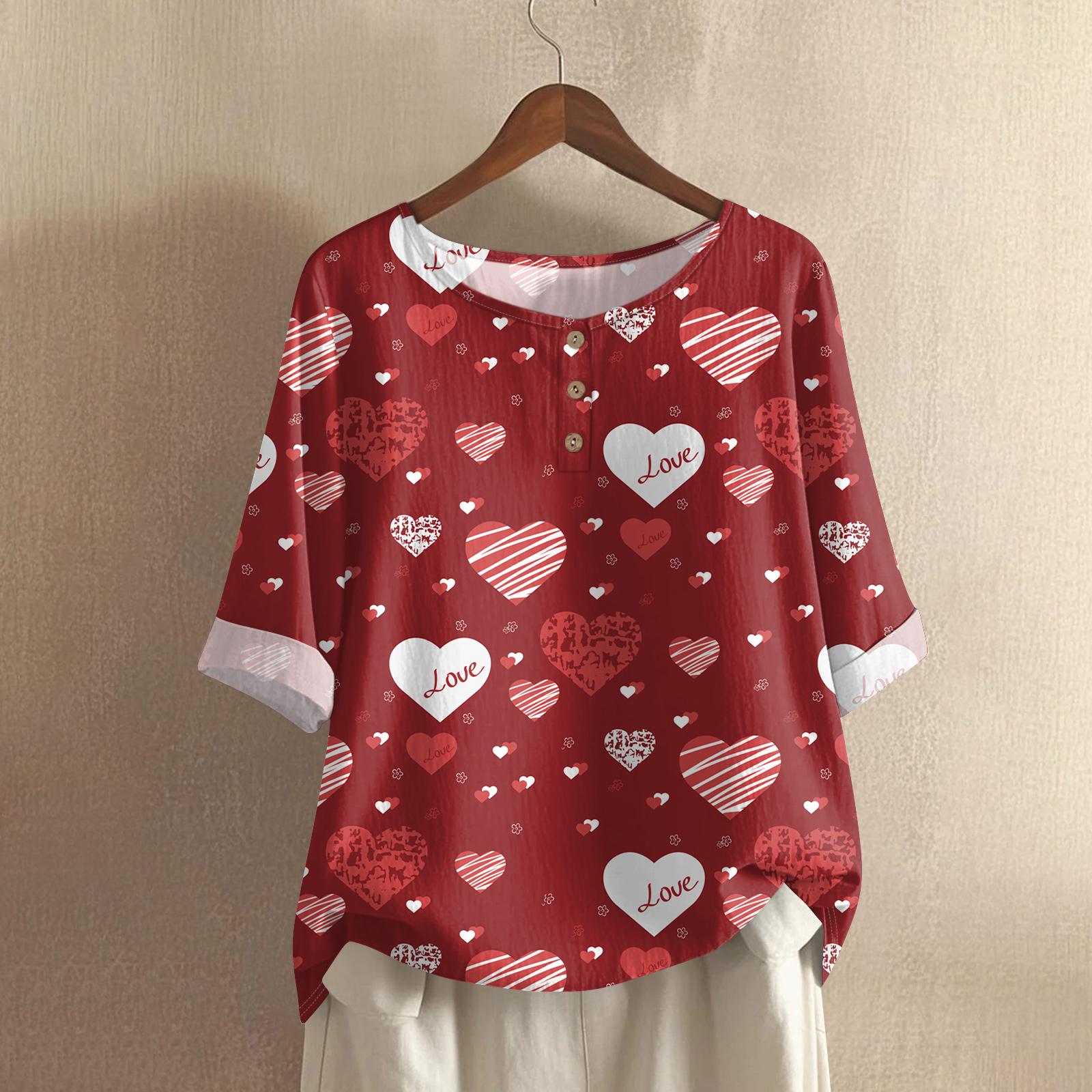 

Women s Casual Mid-Sleeve Round Neck Valentine s Day Print Cotton-Linen Blend Top S