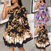 Women's Bohemian Print Diagonal Shoulder Long Sleeve Mid-skirt Dress