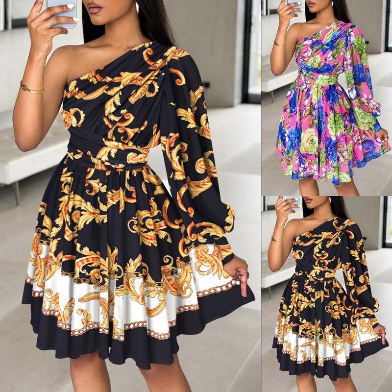 Women's Bohemian Print Diagonal Shoulder Long Sleeve Mid-skirt Dress