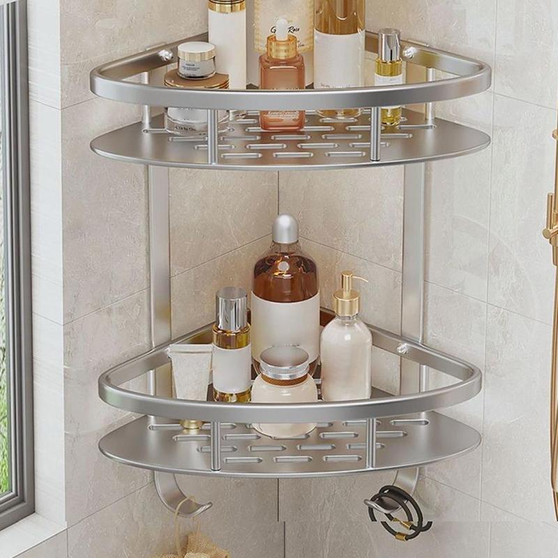 Space Aluminum Bathroom Shelf No Punching Shower Caddy Sheves Kitchen Storage Basket Adhesive Suction Corner Shelves Shower