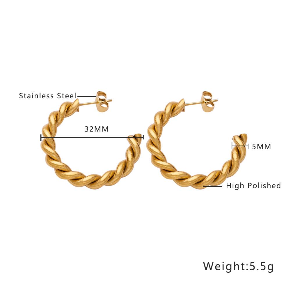 18K Gold-Plated Twisted Rope C-Shaped Earrings for Women