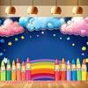 2D Colored Crayon Starry Sky Rainbow Theme Blue Background Cloth Rainbow Crayon Pattern Birthday Party Decoration