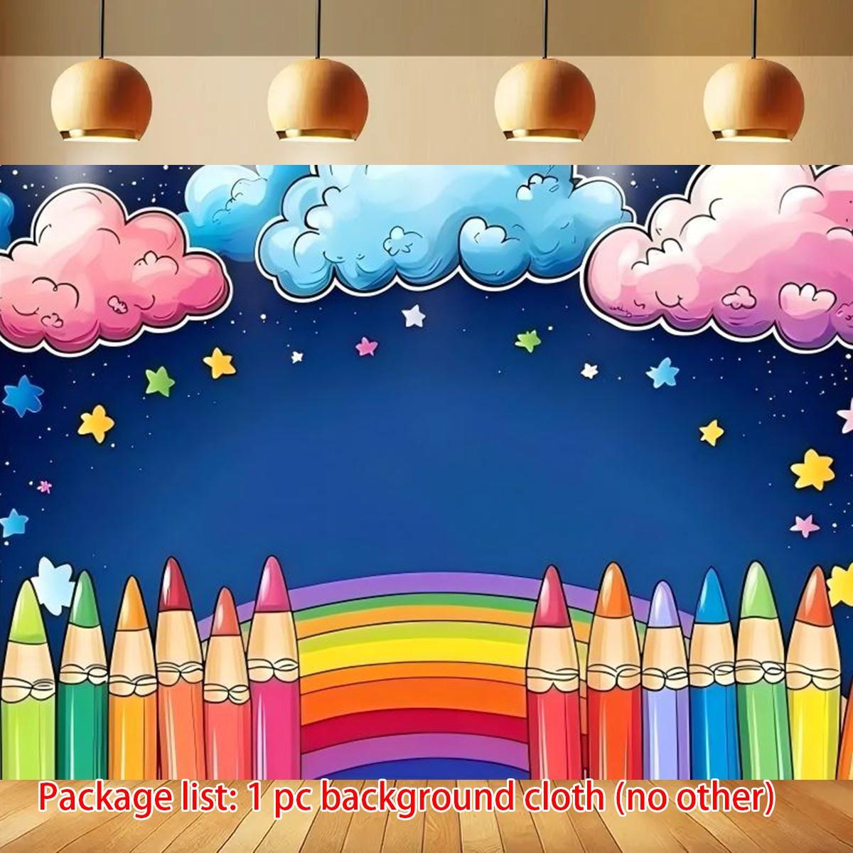 2D colored crayon starry sky rainbow theme blue background cloth rainbow crayon pattern birthday party decoration 100x150cm