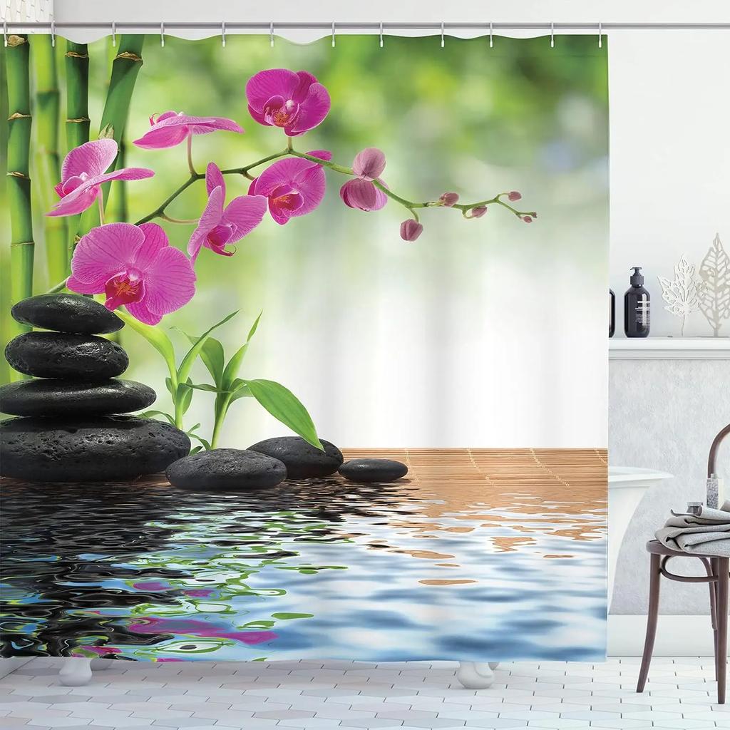 Unframed Bamboo Zen Shower Curtain Green Nature Forest Stone Spa Candle Summer Tropical Bamboo Forest Orchid Bathroom Decor With