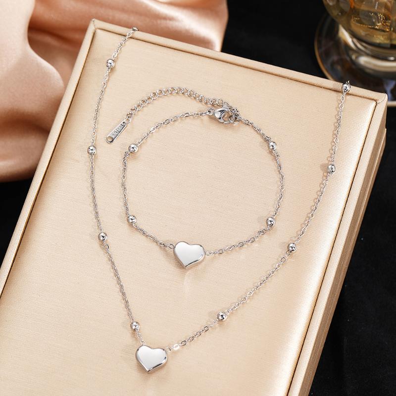 Stainless Steel Gold Color Heart Love Chain Necklace Bracelets Earrings For Women Girl   Non-Fading Jewelry Set