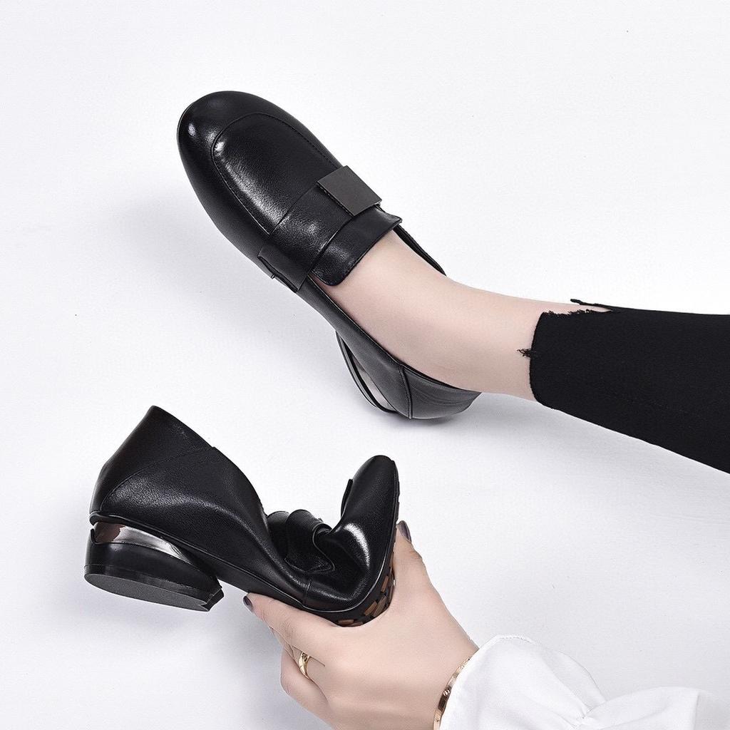 Loafers 2025 spring and summer new mango head square buckle comfortable single shoes black first layer cowhide two wear women's bean shoes