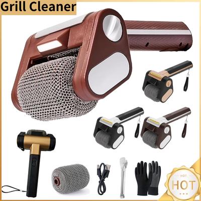 Electric Grill Cleaner with LED Light Cordless Rechargeable BBQ Brush Cleaner Kitchen Stainless Steel Bristle-Free Cleaner Brush