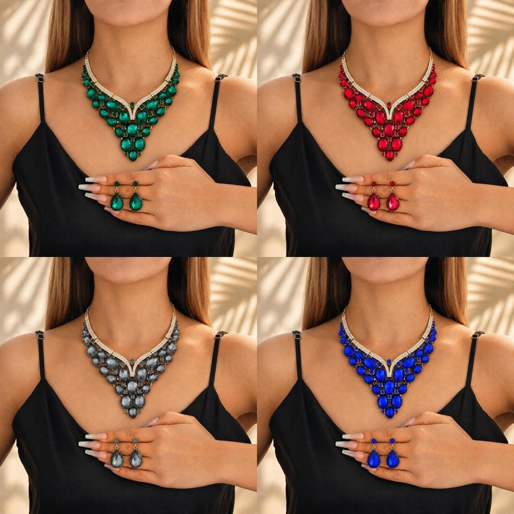 Accessoires Übertriebenes Retro Halsketten Ohrringe Schmuckset Damen Luxus Kristall Bankettkleid Accessoires Schlüsselbein Kette 2026