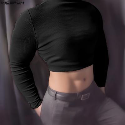 Men Mockneck Long Sleeve Fitted Texture Cropped T-shirt Tops Undershirts