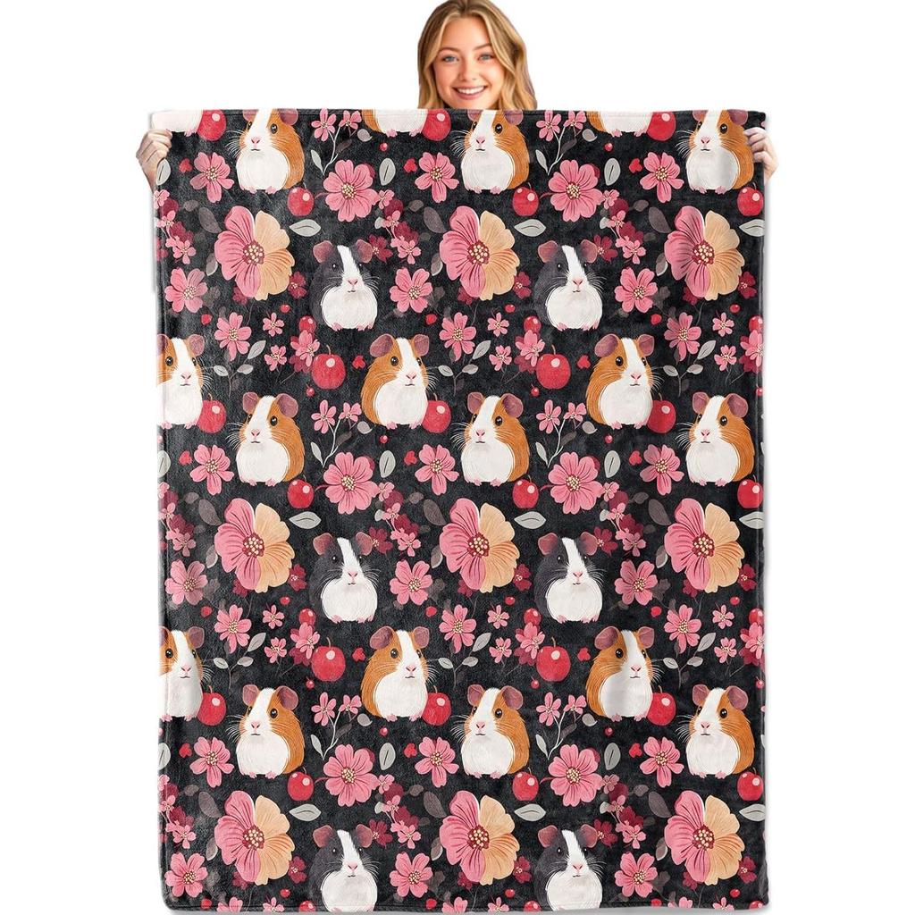 Guinea Pig and Floral Throw Blanket,Soft,Lightweight Flannel,Animal Lovers Blankets - Gifts for Kids Women Girls,for Cou