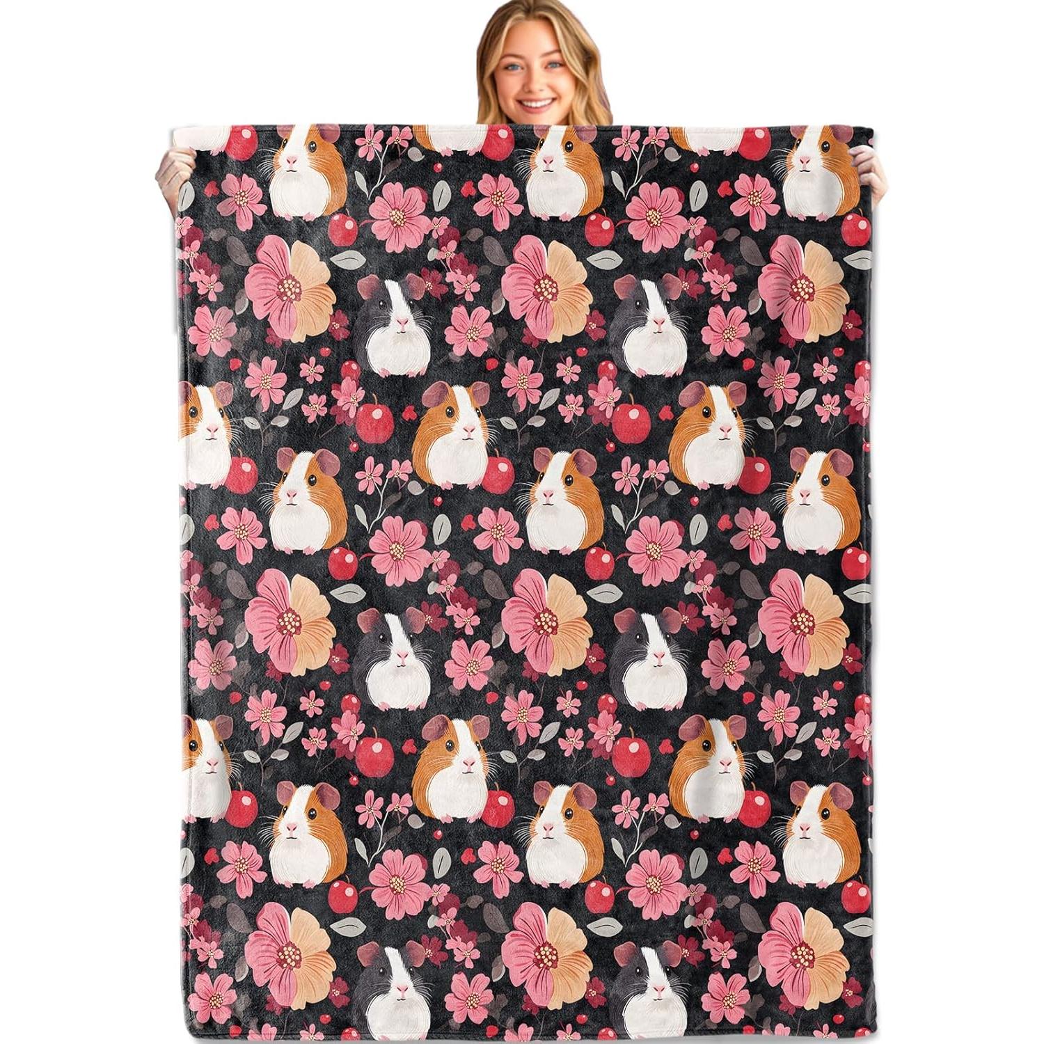 

Guinea Pig and Floral Throw Blanket,Soft,Lightweight Flannel,Animal Lovers Blankets - Gifts for Kids Women Girls,for Cou 75x90cm
