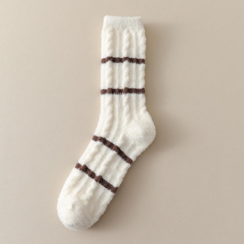 Plush socks women's autumn and winter Maillard color warm plush thickened plush striped medium tube socks home sleeping socks