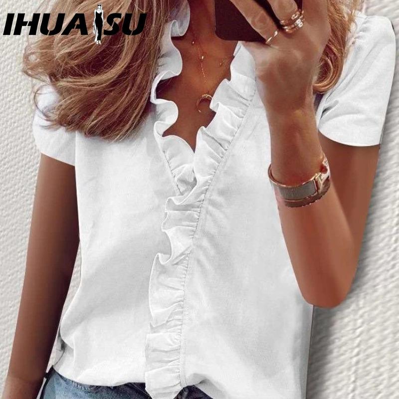 IHUASU Women's Fashion Casual Solid Color Print Short Sleeve V Neck Blouses & Shirts