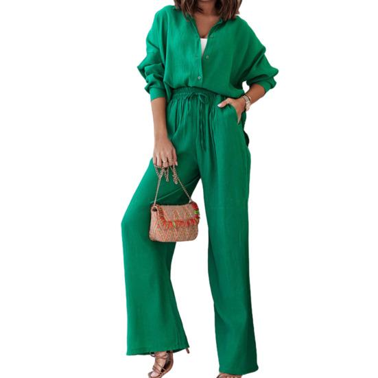 2 Piece Outfits for Women Long Sleeve Button Down Shirts And Wide Leg Pants Sets Casual Tracksuit Loungewear