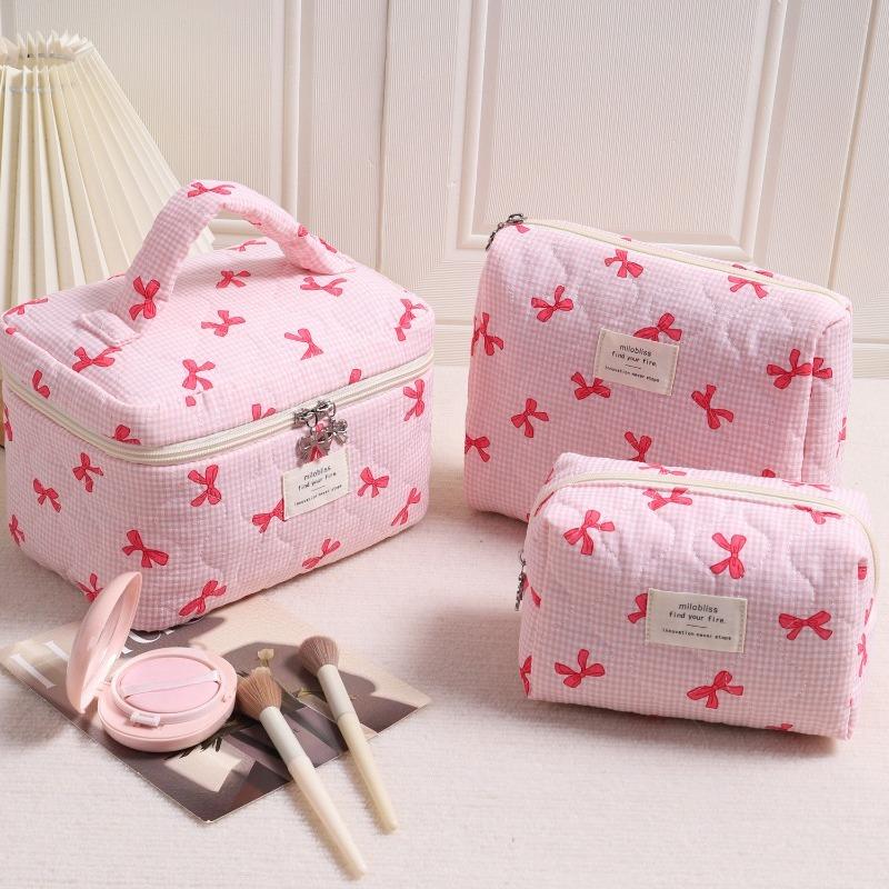Bow Print Pink Blue Cute Makeup Bag for Women Large Capacity Toiletry Pouch Cute High Quality Cosmetic Organizer Storage Case