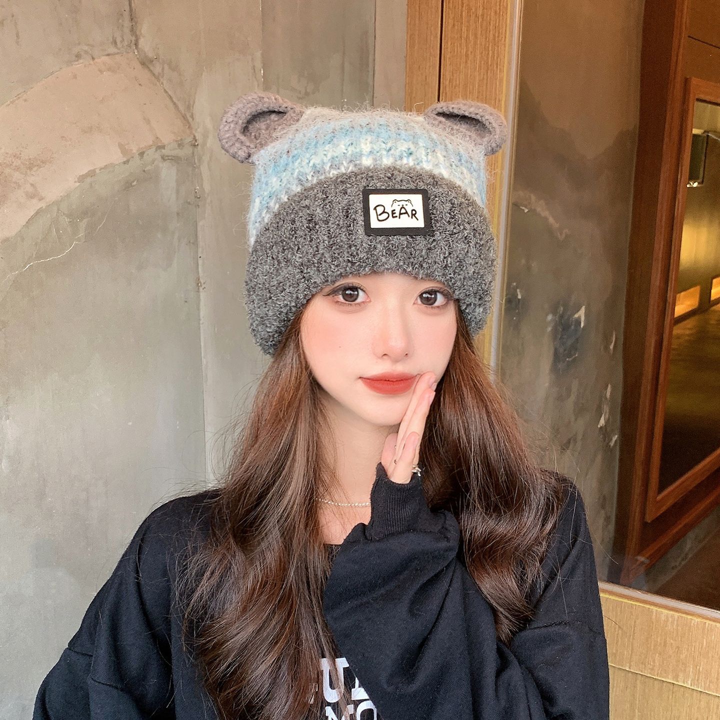 

Big burr ethnic style plush color striped knitted hat children s winter ear protection warm wool pullover hat versatile сірий колір