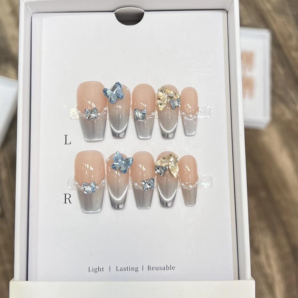 10Pcs Handmade French Gradient Cat Eye Press On Nails With 3D Butterfly Diamond Flowers Long Coffin Almond Shape