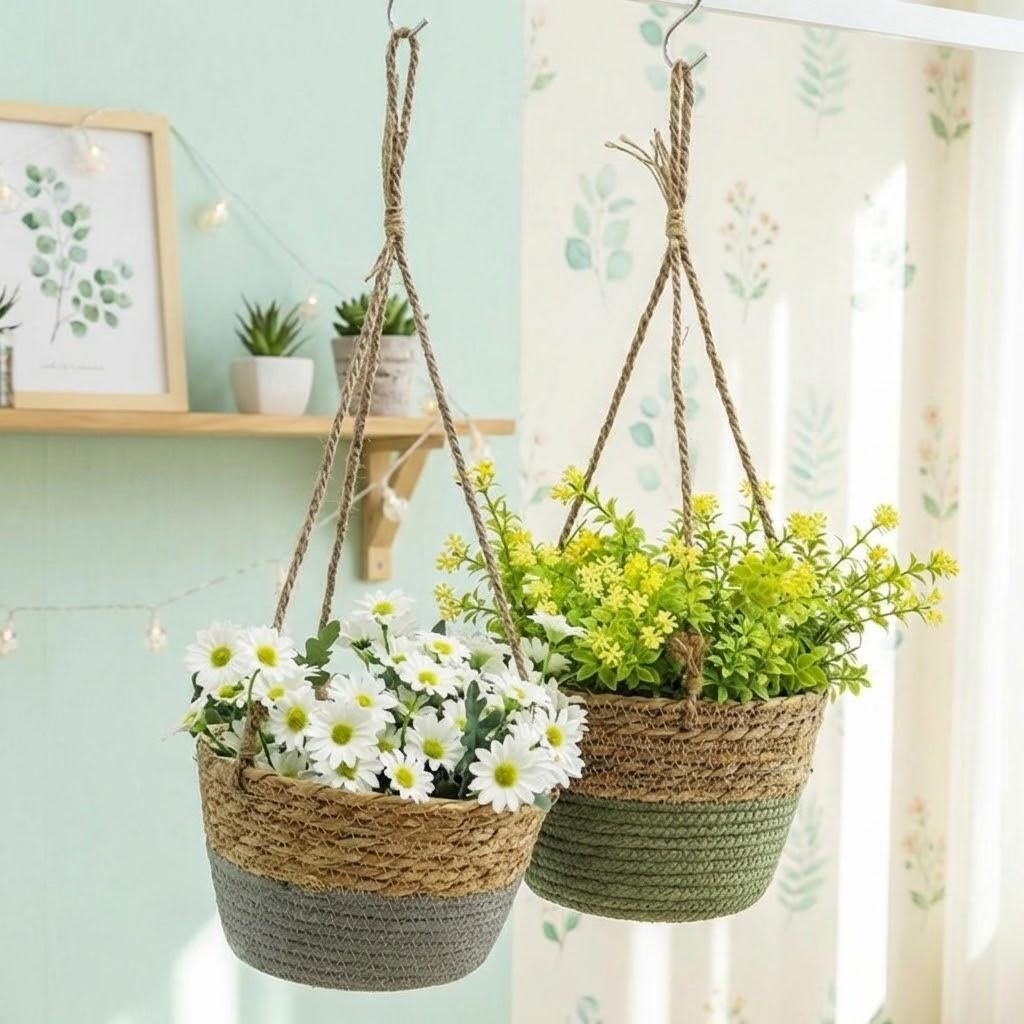 Handwoven Straw Hanging Basket Multi-Functional Woven Flower Basket Handmade Waterproof Macrame Plant Storage Basket Home Decor