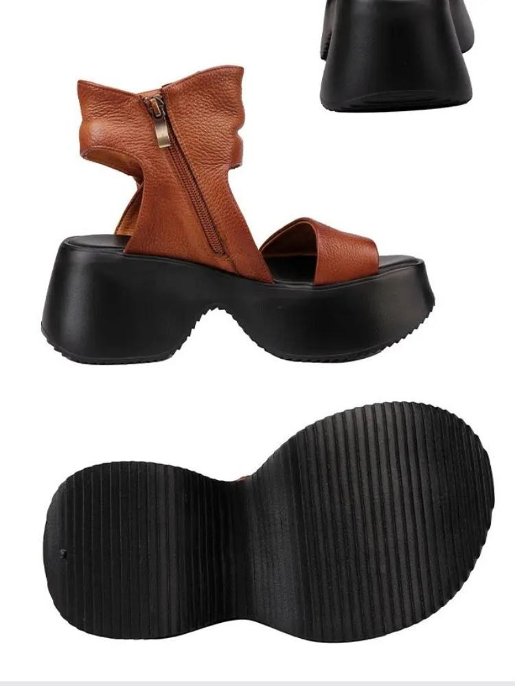Johnature Genuine Leather Peep Toed Thick Soled Shoes Height Increasing Retro Women's High-heeled Sandals