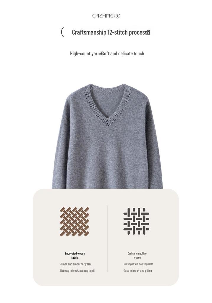 Women's V-Neck Cashmere Knit Pullover Sweater - Hand-Crocheted Loose Fit for Autumn/Winter