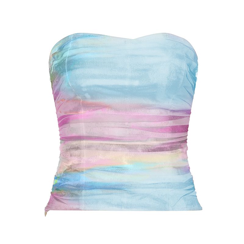 

H Home European and American Women s Clothing Colorful Blooming Gradient Color Mesh Girdle Tube Top Sexy Sexy Sleeveless Corset Summer Blue L