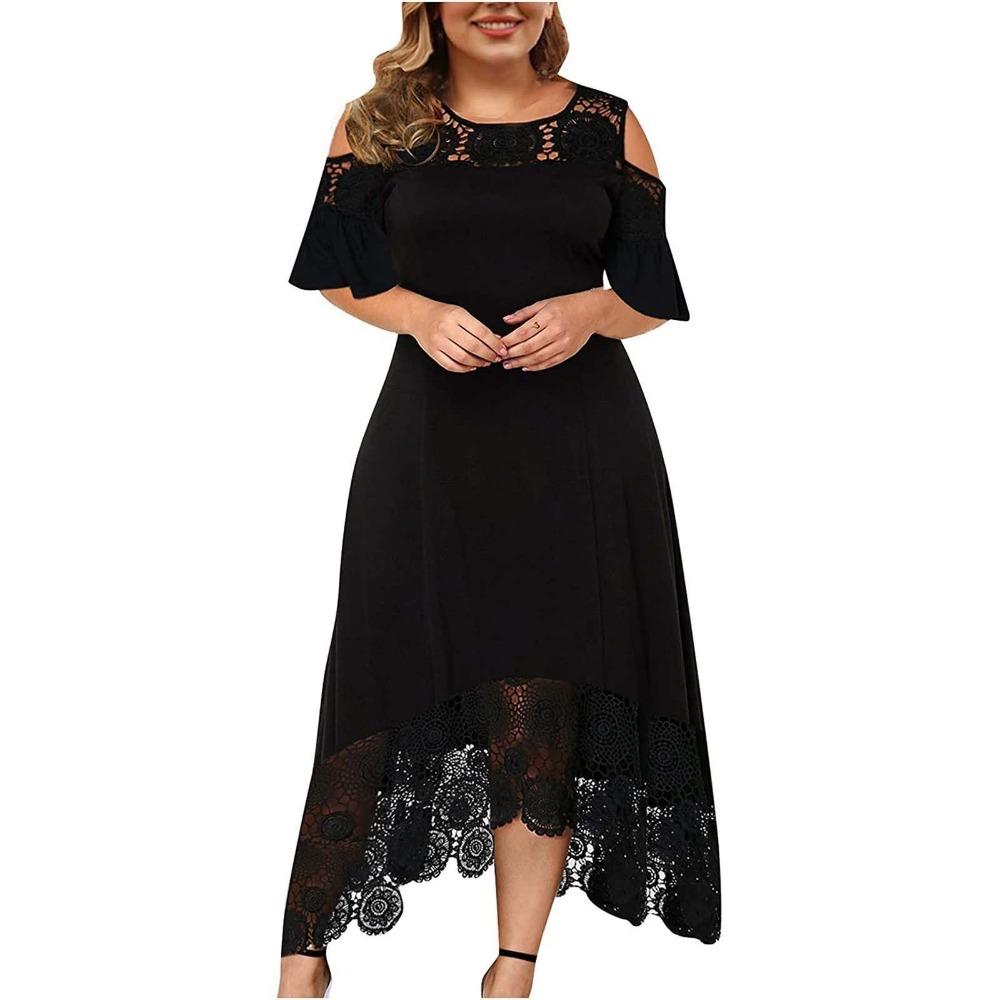 Stickerei Spitze Patchwork Plus Größe Frauen Kleid Ausgestelltes Kurzarm Kalte Schulter