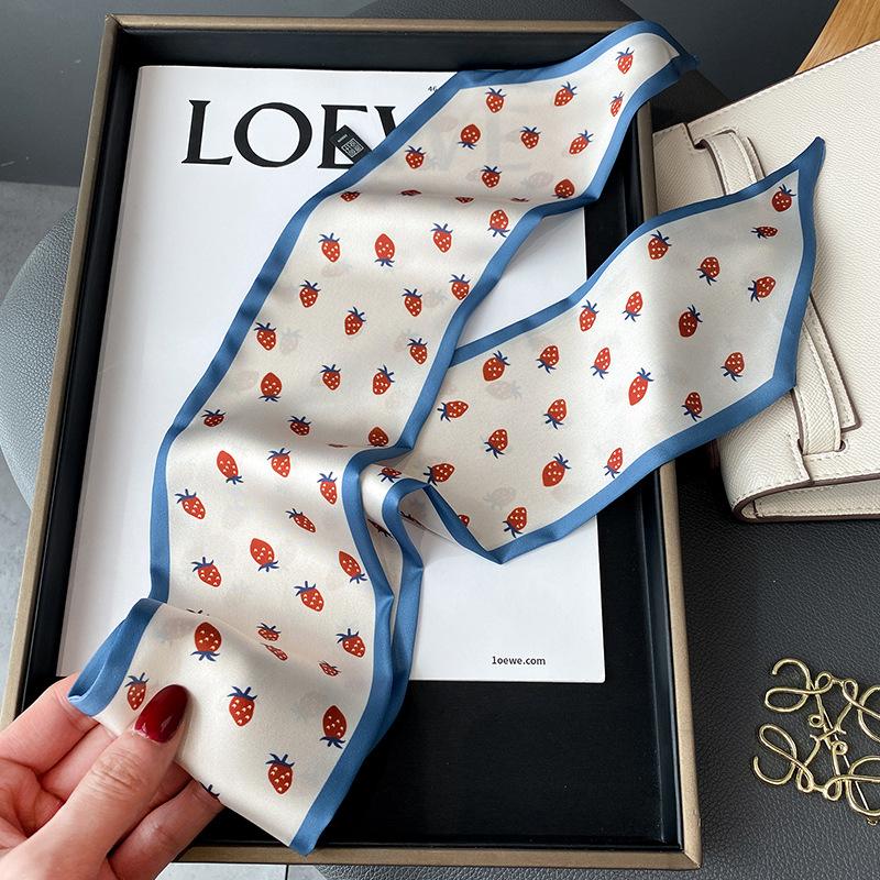 Skinny Ribbon Silk Scarf Women Lovely Fruits Print Foulard Hairband Headband Female Soft Satin Handle Bag Neck Ties Neckerchief