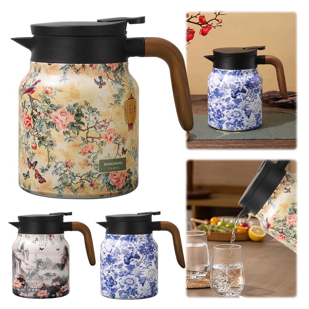 1000ml Floral Pattern Teapot Stainless Steel Insulated Tea Pot Built-in Infuser Tea Separation Water Bottle for Hot Drinks