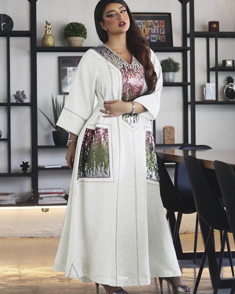 AB053 Dubai Beaded Sequin Jalabiya: Women's Embroidered Long Robe for Eid al-Fitr.