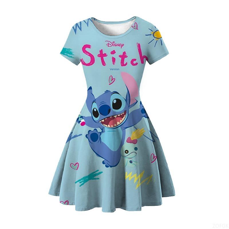

Girls Summer Stitch Dress, Children s Short Sleeved Princess Dress, Cartoon Round Neck Skirt 100