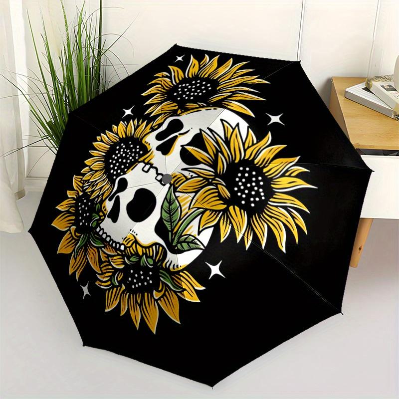 1pc Skull Sunflowers Auto Open/close, All-Season Portable Folding Umbrella for Women & Men, Travel, Everyday, Formal Events - Compact Luxury Parasol,