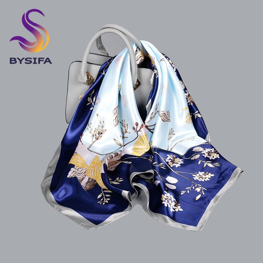 BYSIFA| Blue Floral Silk Scarf Hijab Ladies Fashion Sweet Square Spring Summer Scarves Fouldard Fall Winter Square Satin Scarves