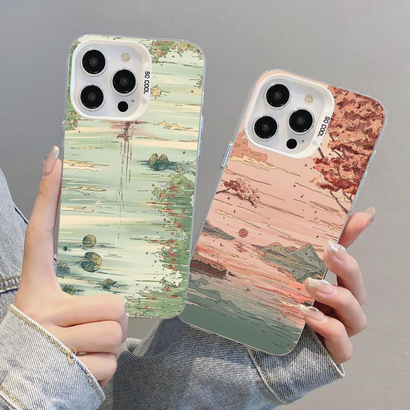 Anime Sky Landscape Art Painting Laser Phone Case For iPhone 12 13 Mini Pro Max 11 14 16 15 Pro Max Plus Shockproof Cover Fundas
