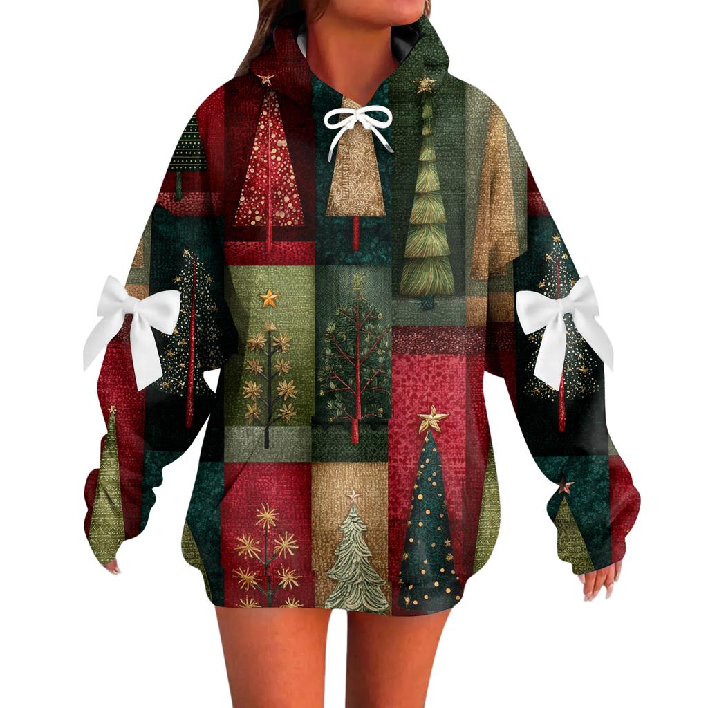 Ladies' Christmas Printed Bow Long Sleeved Loose Fitting Headband With Rope Hooded Sweatshirt Top
