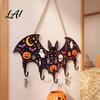 Decorative Entryway Key Hanger Halloween Bat Shaped Wooden Hook 2D Wall Mounted Hanging Decor with Holder for Pumpkin Ghost Witch Pattern,