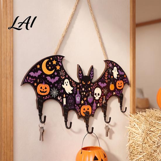Decorative Entryway Key Hanger Halloween Bat Shaped Wooden Hook 2D Wall Mounted Hanging Decor with Holder for Pumpkin Ghost Witch Pattern,