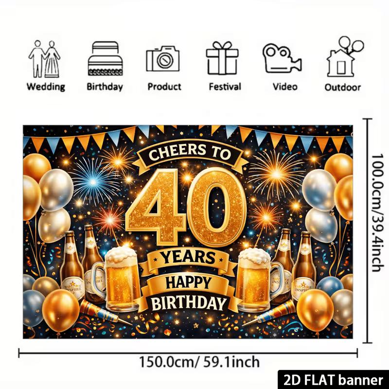 2D Happy 40th Birthday Photography Backdrop Beer Fireworks Party Photo Booth Banner